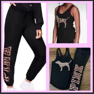 PINK  VICTORIA'S SECRET ROSEGOLD BLING
DOG MESH TANK / JOGGERS OUTFIT SET XS